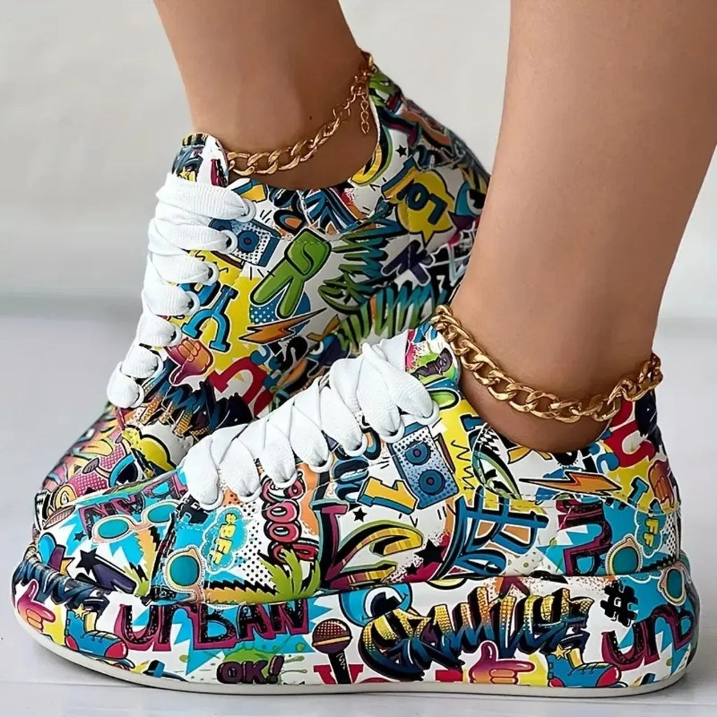 Women Sneakers Thick-soled Shoes 2025 New Summer Hand-painted Graffiti Shoes Outdoor Casual Women Sneakers