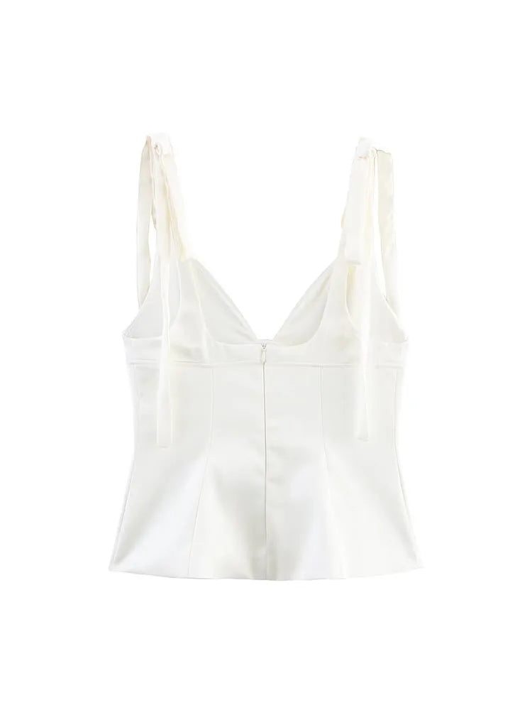 2025 Women Summer Casmis Tank Tops Fashion Sweet Solid Strapless Drawstring Bow Female Elegant Street Top Clothing