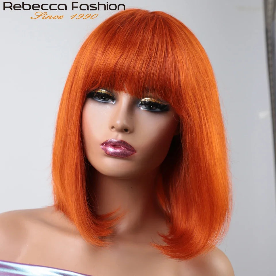Orange Blonde Short Cut Straight Bob Wigs Rebecca With Bangs Red 99J Human Hair Brazilian Straight Machine Made Human Hair Wigs