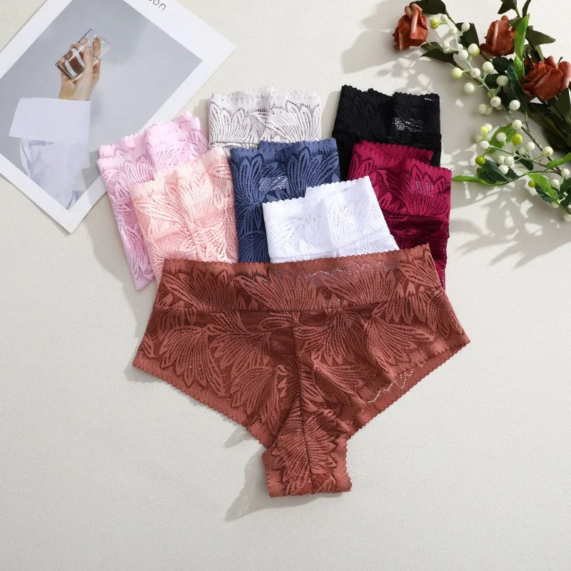 6pcs Women's Sexy Lace Panties Seamless High Waist Transparent Briefs Solid Color Hollow Breathable Female Underwear Large size