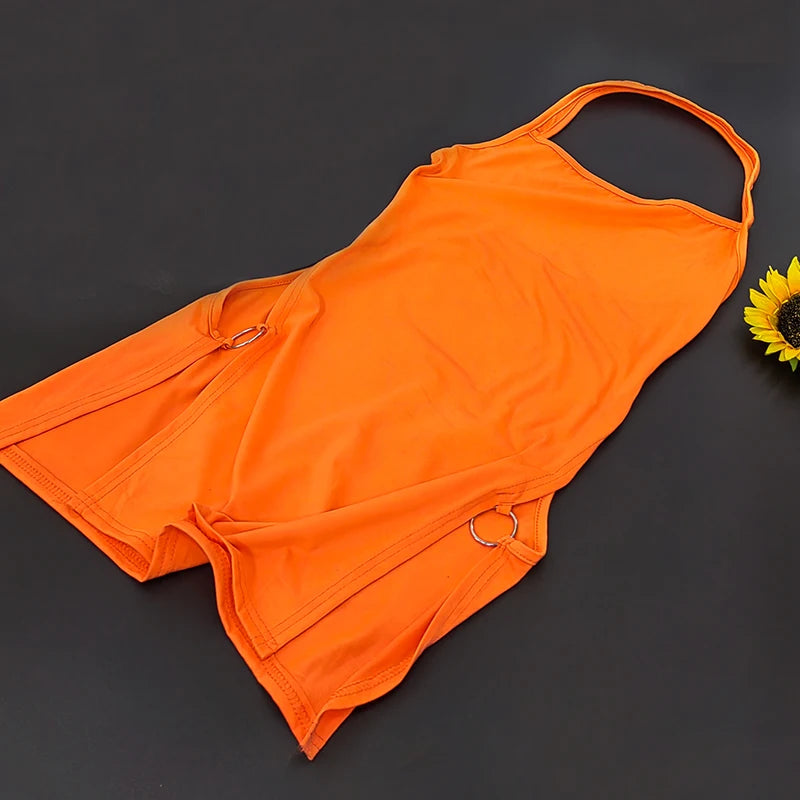 Women Sexy Dress Elegant Lady Sleeveless Ring Buckle Side High Slit Cutout Night Club Dresses Y2k Halter Mini Dress Streetwear