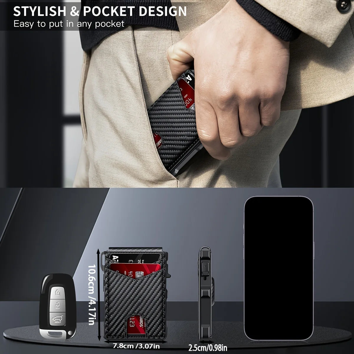 Men's Slim RFID Bifold Leather Wallet with Pop-up Aluminum Money Clip & Card Holder - Minimalist, Stylish, Secure
