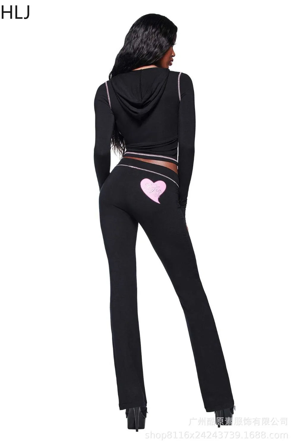 HLJ Y2K Trend Fashion Pattern Print Hooded Two Piece Sets Women Zip Long Sleeve Slim Crop Top + Skinny Pants Outfits Streetwear