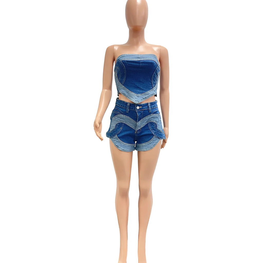 Denim Short Sets Women Strapless Tops Sexy Two Piece Set Y2k Streetwear High Street Jeans Shorts Lady Slim Fit Sleeveless Summer