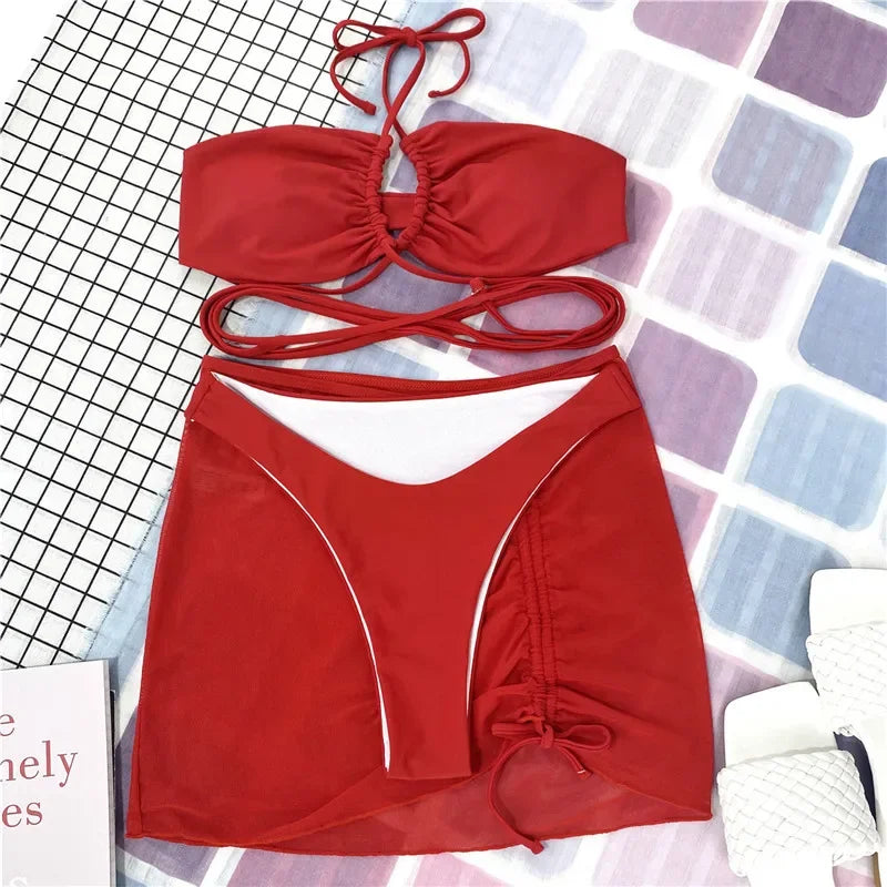 3 Pieces Cross Halter Bikinis Set 2025 Skirt Swimwear Women High Waist Drawstring Bandage Swimsuit Summer Biquini