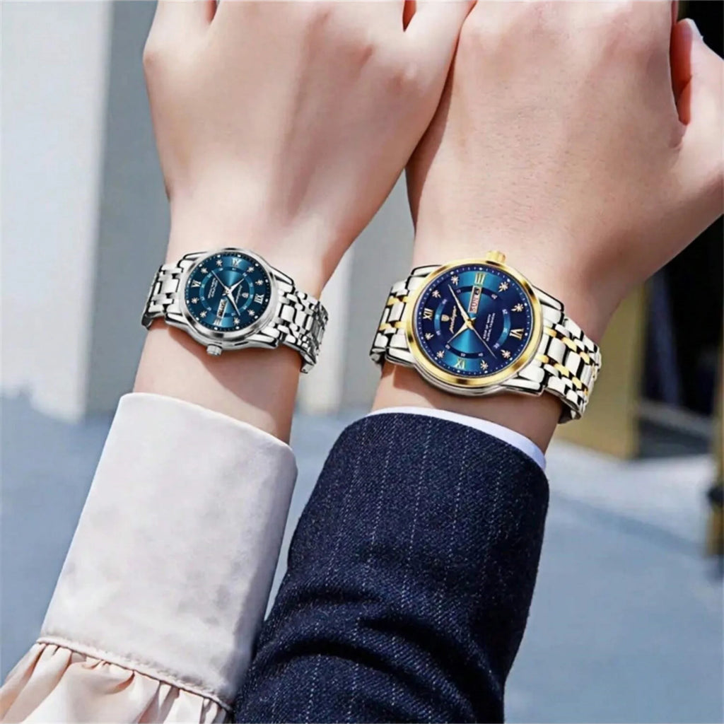 Couple business watch, wedding souvenir, dual calendar function, luminous and water-resistant stainless steel quartz watch