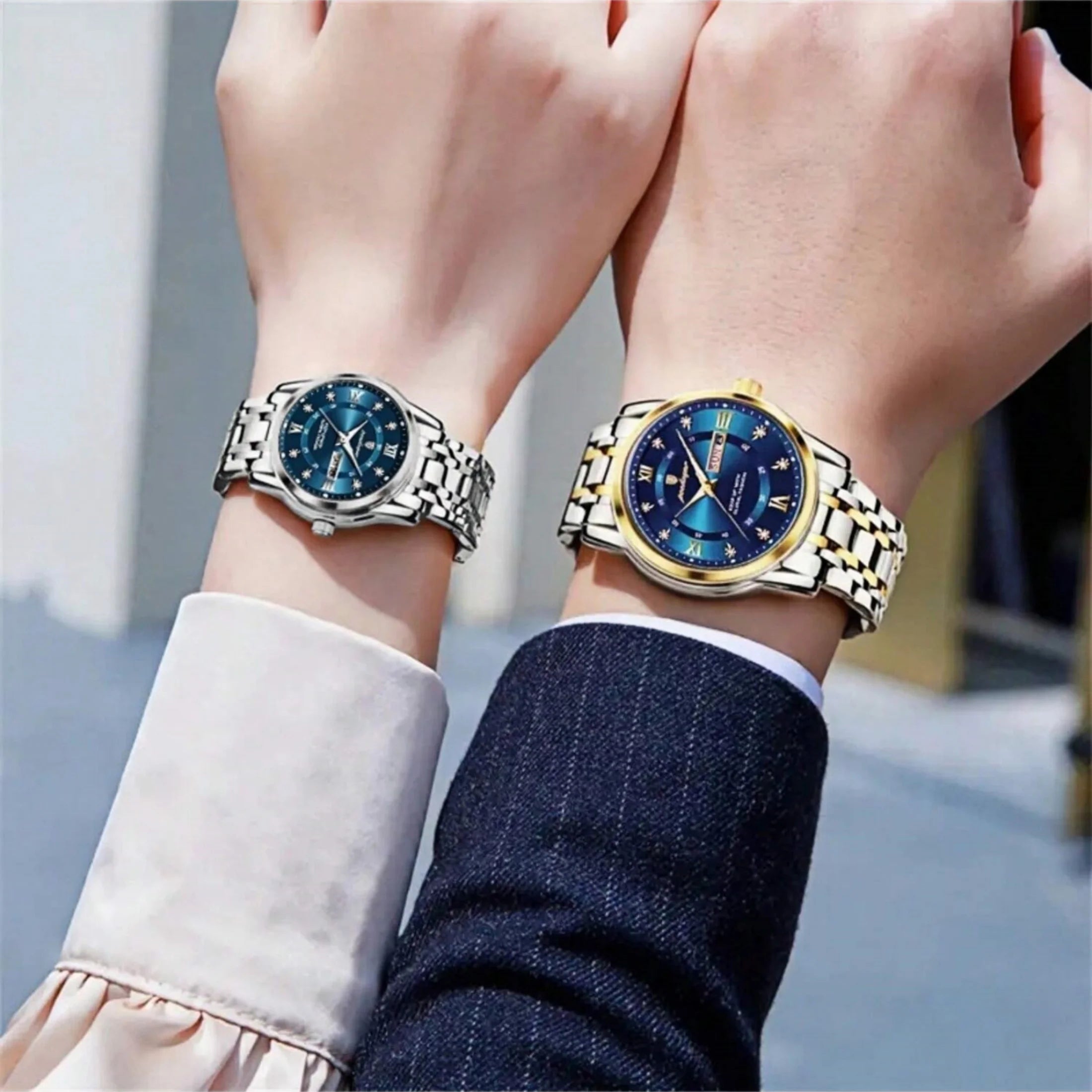 Couple business watch, wedding souvenir, dual calendar function, luminous and water-resistant stainless steel quartz watch