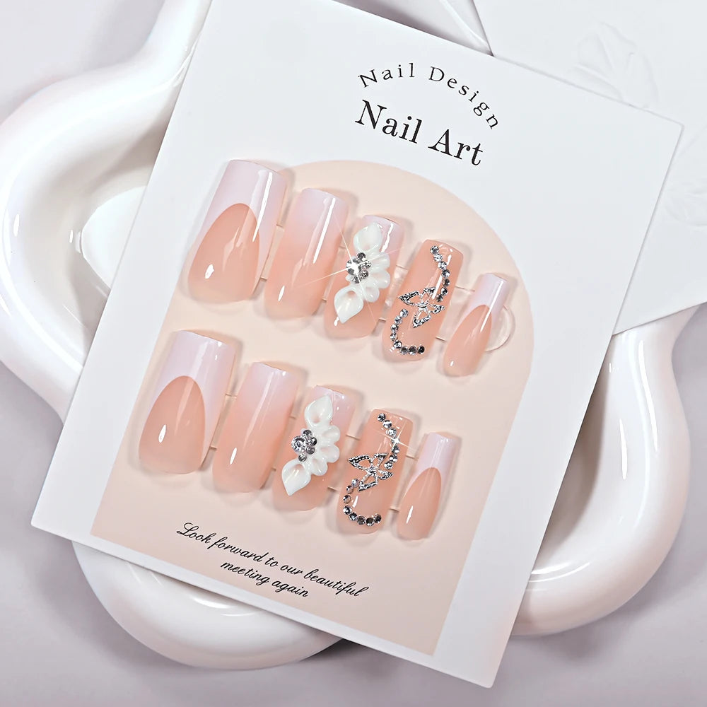 24Pcs Long Coffin French Fake Nails with 3D Butterfly Flower Rhinestones Handmade Press On Nail  Datachable Square False Nailtip