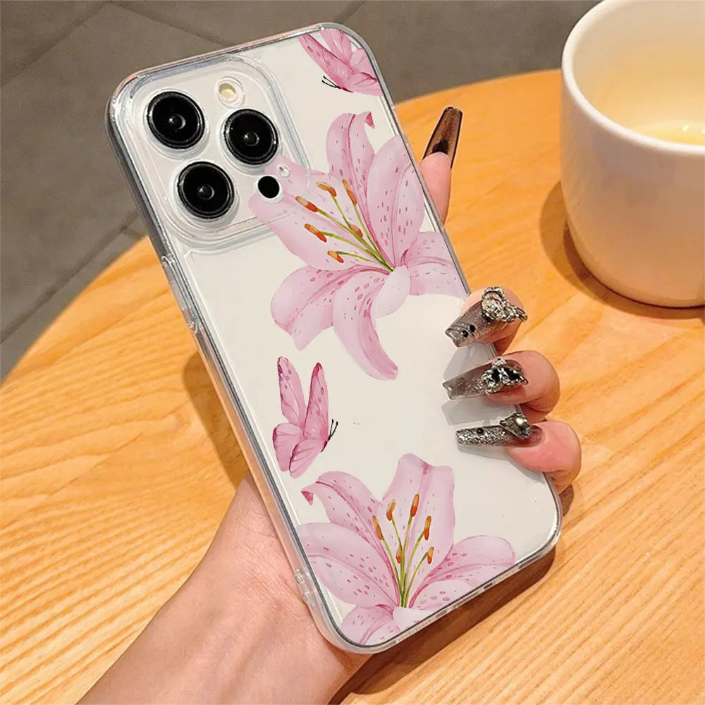 Ins Style Pink Flower Butterfly Phone Case For iPhone 11 12 13 14 15 16 17 Por Xs Max Mini 8 7 6 6s Plus 16e 17e Air Clear Cover