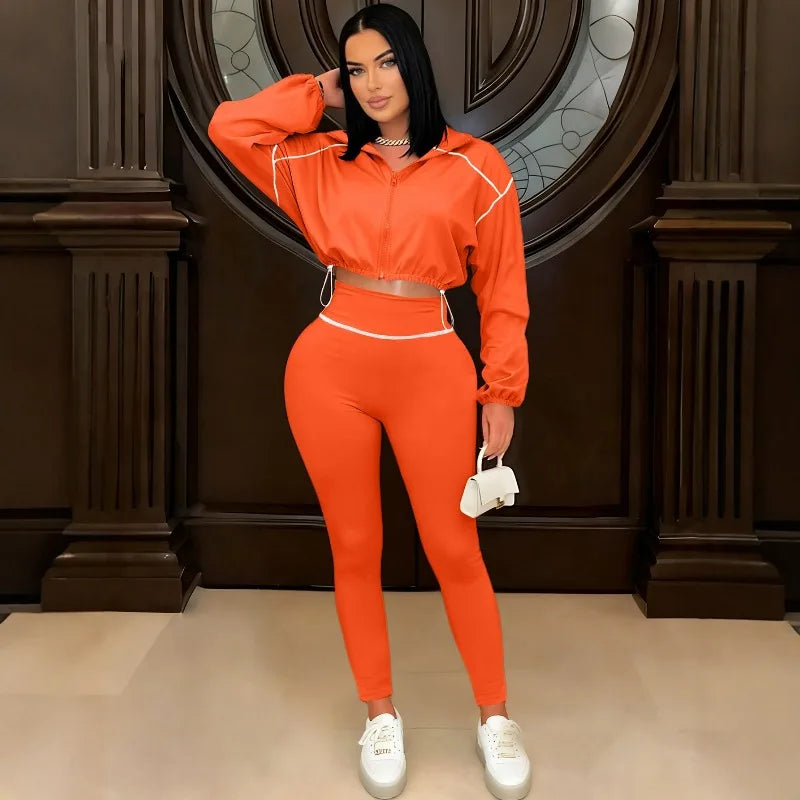 Two Piece Set Women Sexy Club Long Sleeve Paneled Stylish Casual Sport Suit Solid Color Zipper Tracksuits Sweat Suit