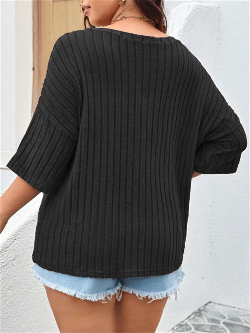 GIBSIE Plus Size Drop 3/4 Sleeve Loose Rib-knit T Shirt Women Summer 2025 Solid Color V-Neck Pocket Casual Female Tops Tees