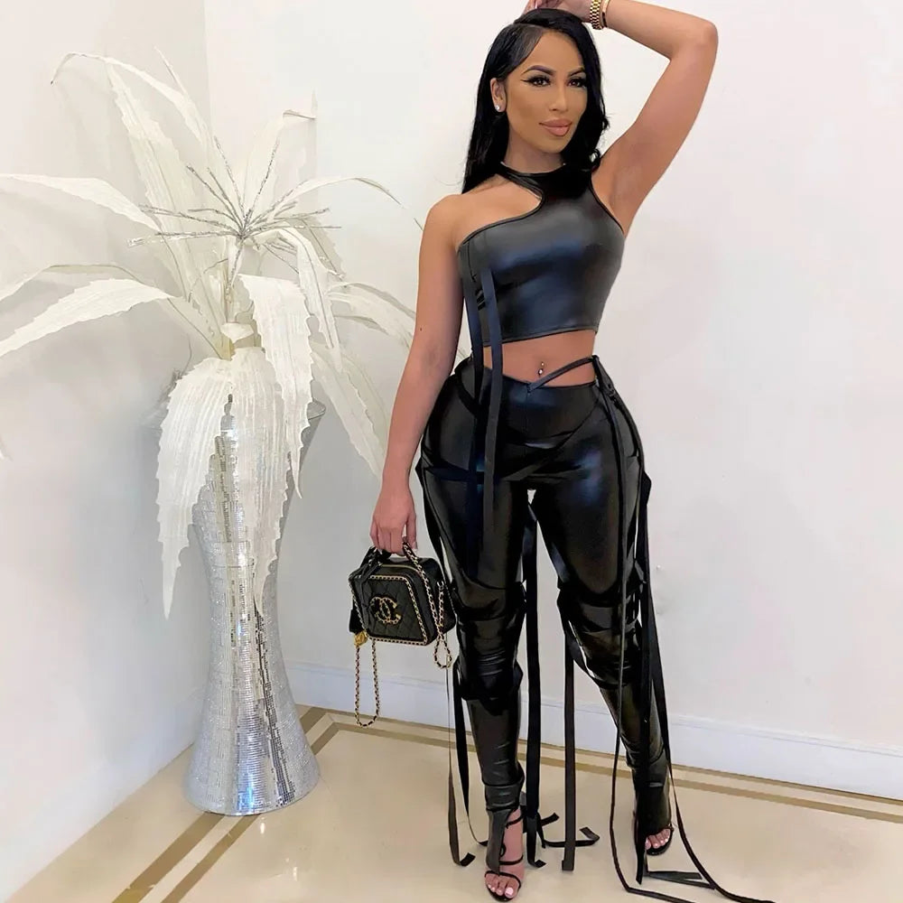 Sexy PU Faux Leather Two Piece Set for Women Matching Sets Y2K Party Club Crop Top and Ribbons Pants 2 Piece Sets Women Outfit