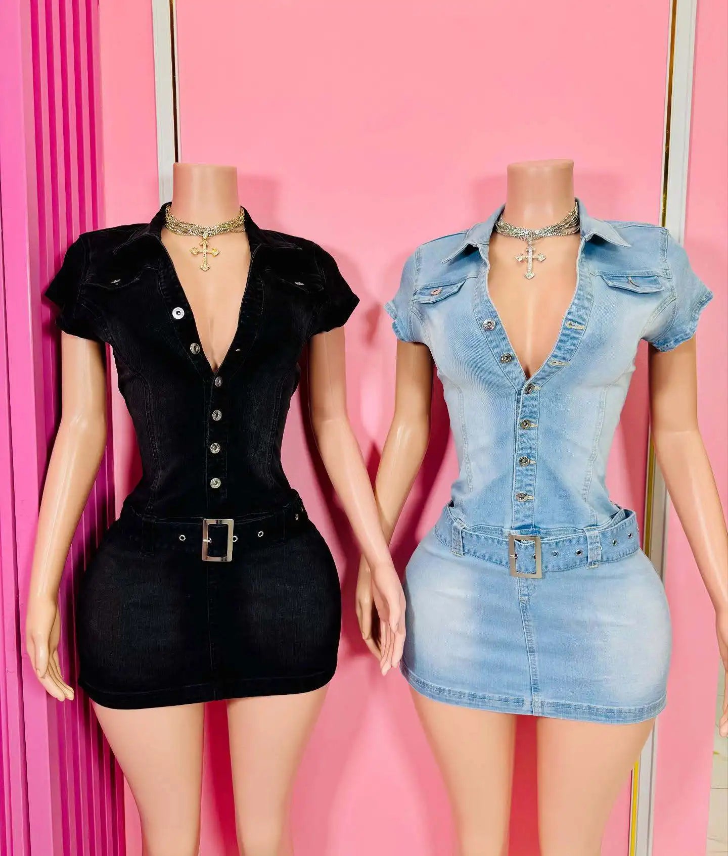 HLJ Fashion Denim Bodycon Mini Dresses Women V Neck Short Sleeve Slim Vestidos Summer New Cowboy Stretchy Streetwear Dress 2025