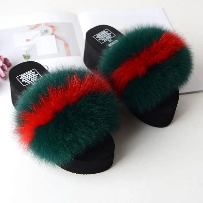 Women Fox Fur Slippers Woman Fashion Sandals Girls Casual Fur Slides 7cm Thick Sole Summer Platform Shoes Modern Slippers Wedges