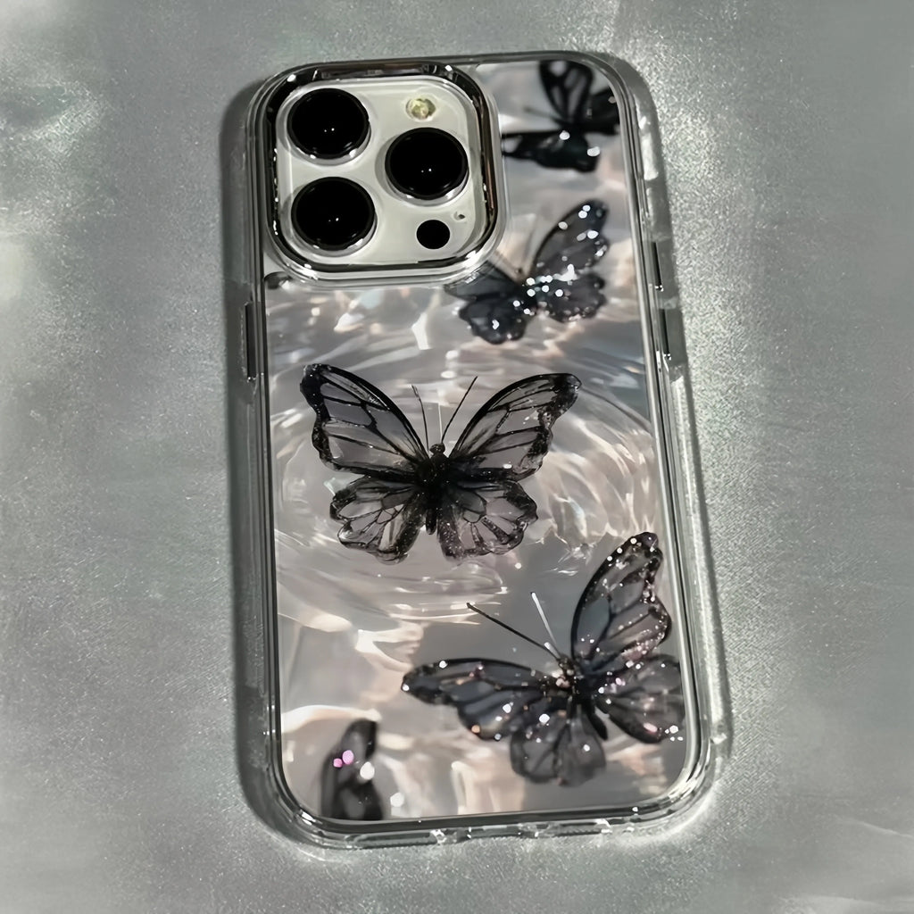 Elegant Black Butterfly Metal Frame Transparent Phone Case For iPhone 17 16 15 14 13 12 11 Pro Max Plus Air 16E Soft Clear Cover