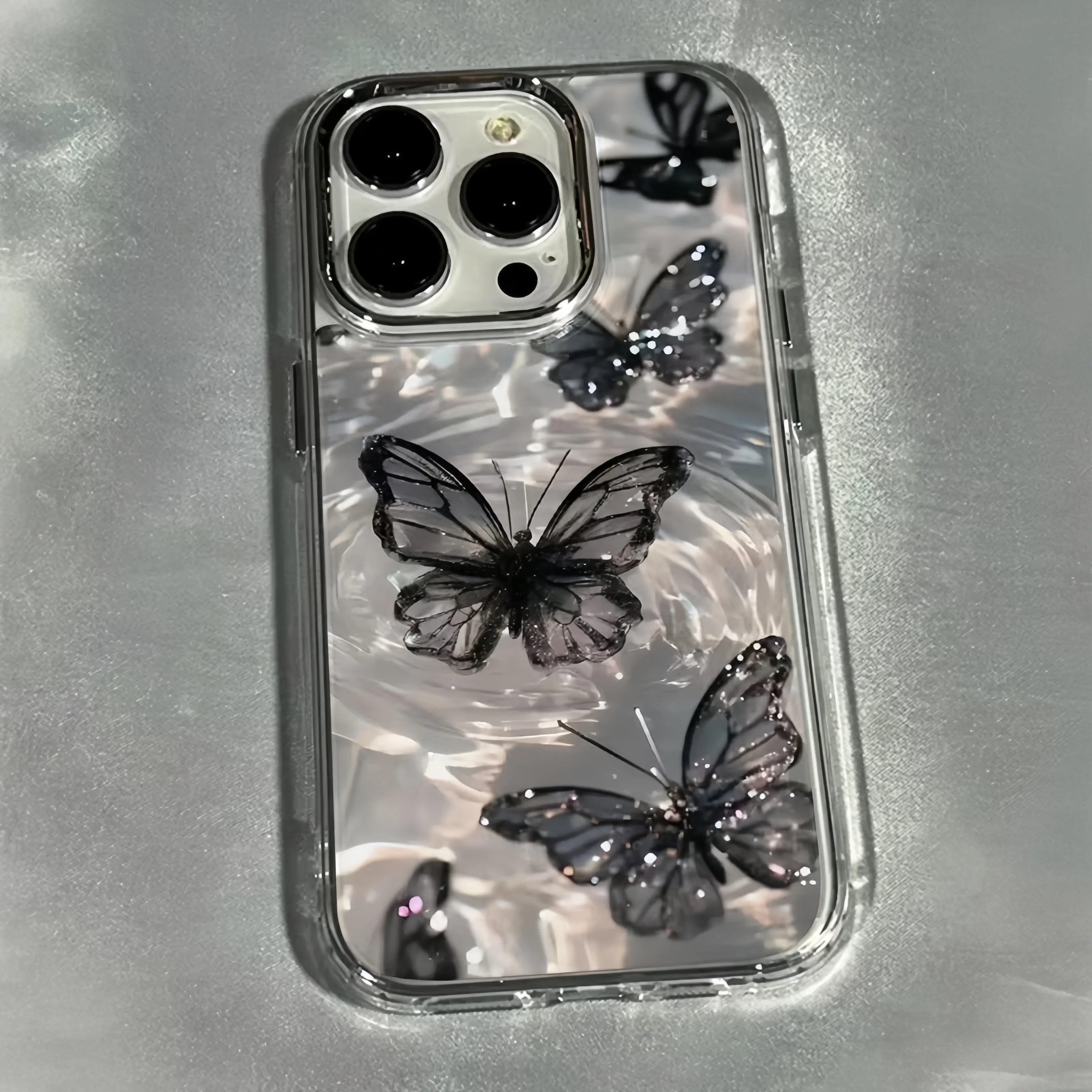 Elegant Black Butterfly Metal Frame Transparent Phone Case For iPhone 17 16 15 14 13 12 11 Pro Max Plus Air 16E Soft Clear Cover