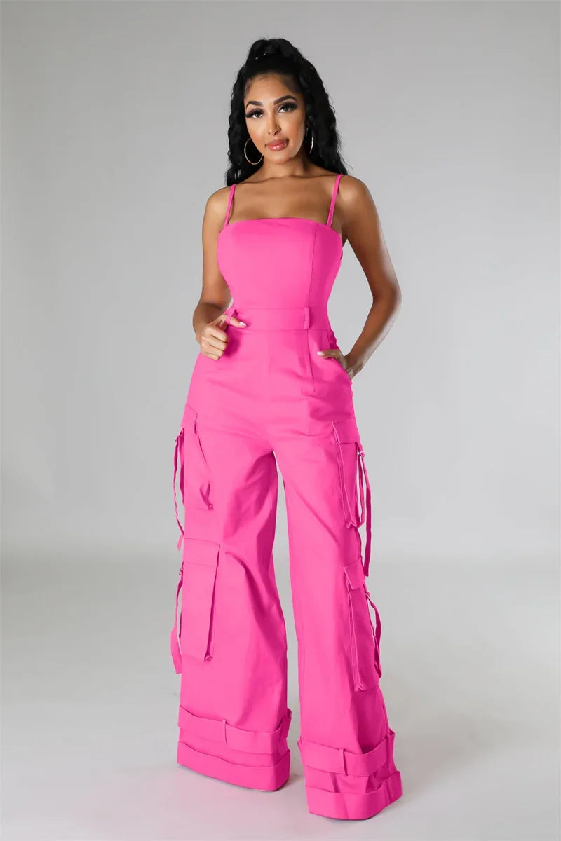 Sexy Spaghetti Strap Cargo Jumpsuit Women Summer Sleeveless Strapless Wide Leg Pants with Pockets One Pieces Romper Overall