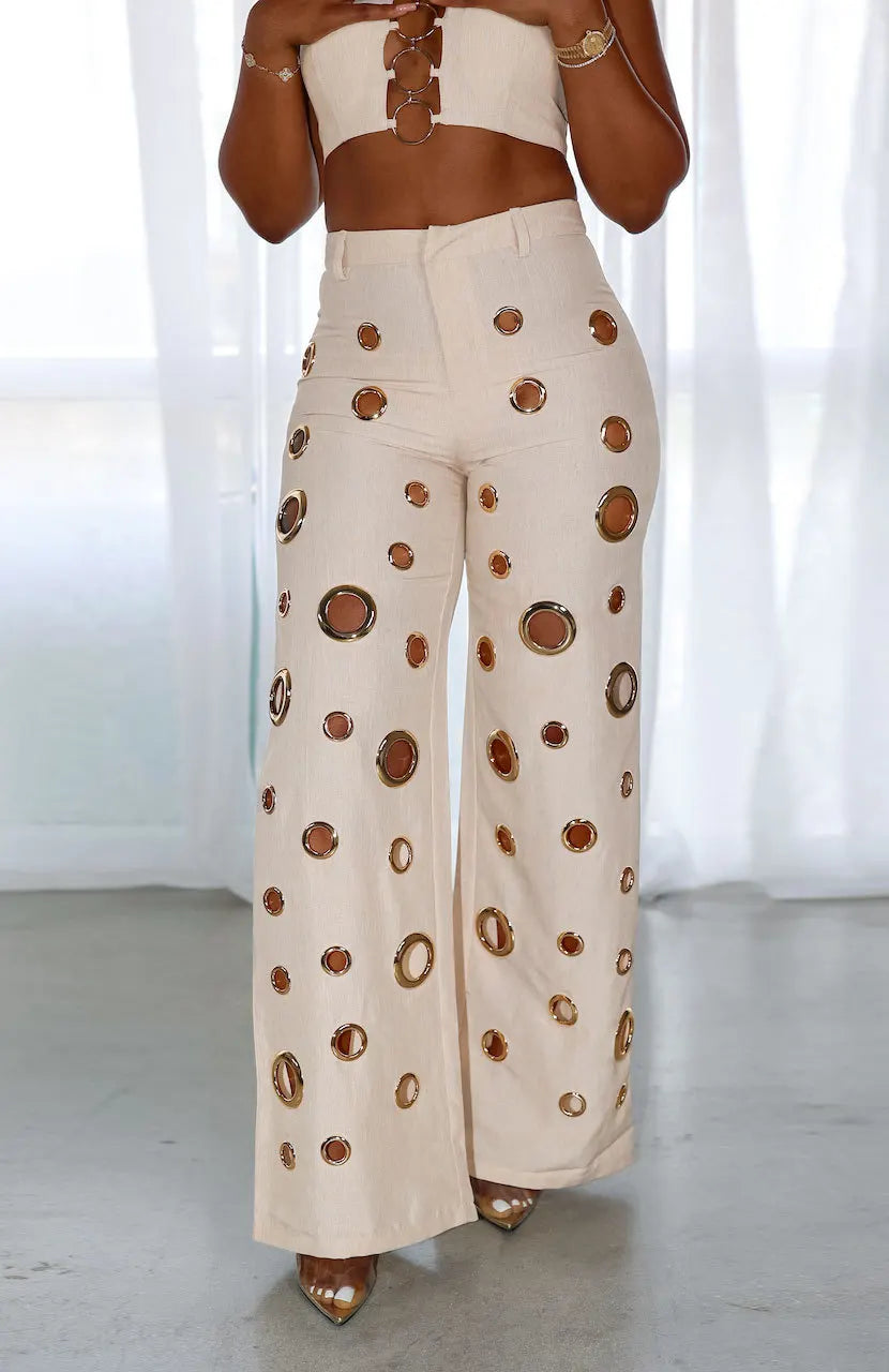 Metal Ring Hollow Out Two Piece Set Women Sexy Strapless Lace Up Halter Backless Crop Tops + Wide Leg Pants Casual Street Suits