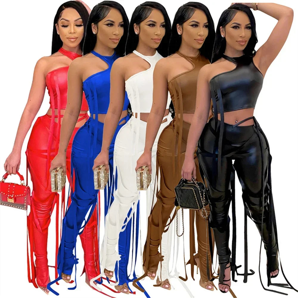 Sexy PU Faux Leather Two Piece Set for Women Matching Sets Y2K Party Club Crop Top and Ribbons Pants 2 Piece Sets Women Outfit