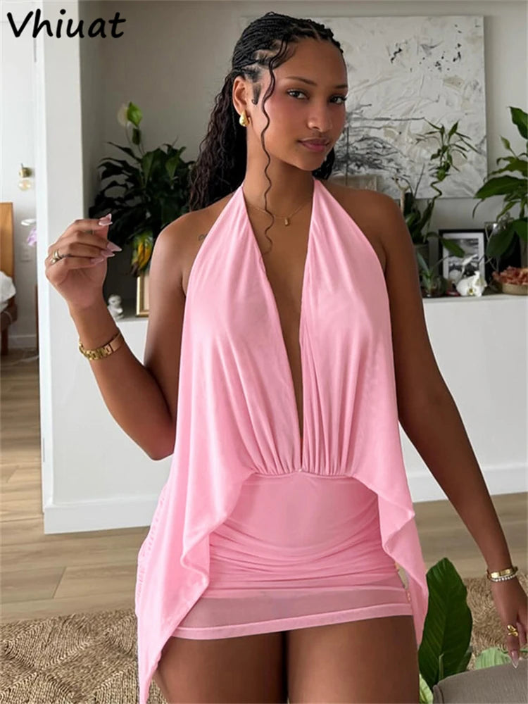 Vhiuat Women Casual Backless Bodycon Mini Dress Club Party Sleeveless Halter Pink Elegant Sexy Short Dress Vestidos Spring 2026