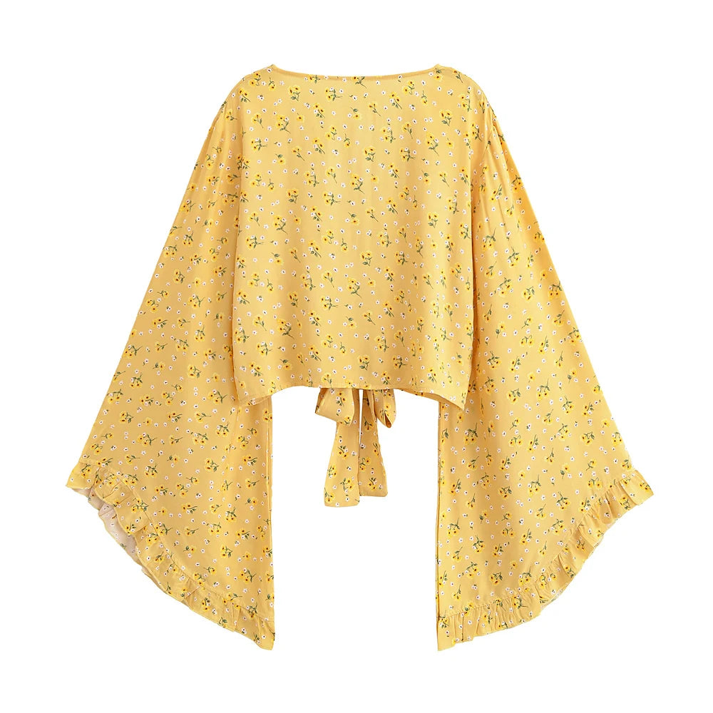 Boho Queens Fashion Women Floral 2025 Beach Summer Short Kimono Ruffles Flare Sleeves Vacation Bohemian Bikini Boho Cover-ups