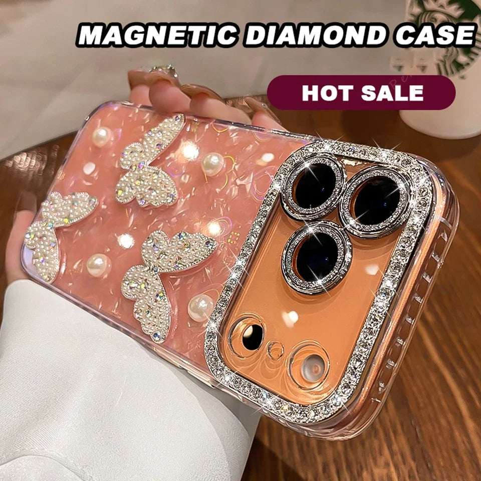 Diamond Bling Glitter Phone Case For iPhone 17 Air 11 12 13 16 Pro Max 15 14 16 Plus 17Pro Max Cute Butterfly Protector Cover