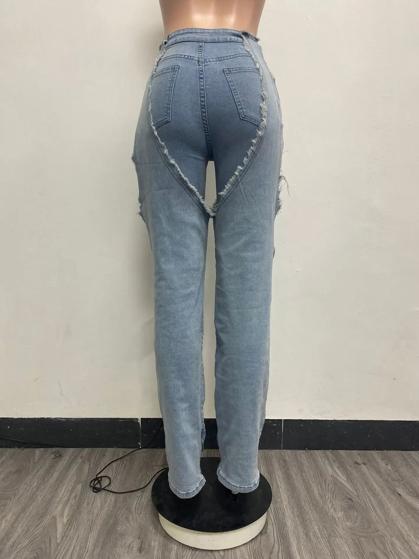 Jeans Women Straight Pants Hollow Out Zipper High Strecth Pockets Irregular Denims Vintage Distressed Streetwear 2025 Trousers