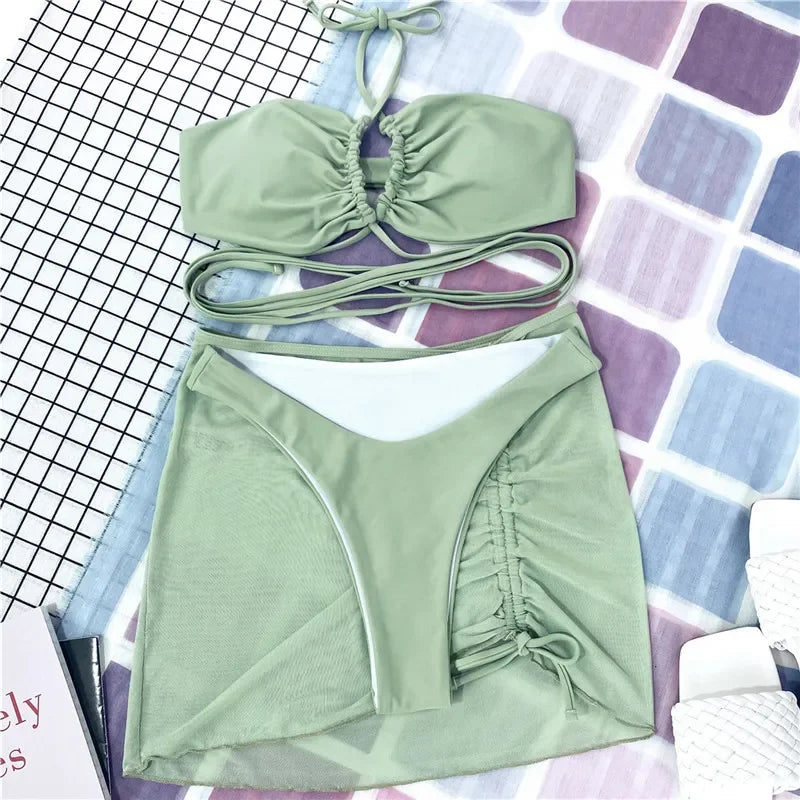 3 Pieces Cross Halter Bikinis Set 2025 Skirt Swimwear Women High Waist Drawstring Bandage Swimsuit Summer Biquini