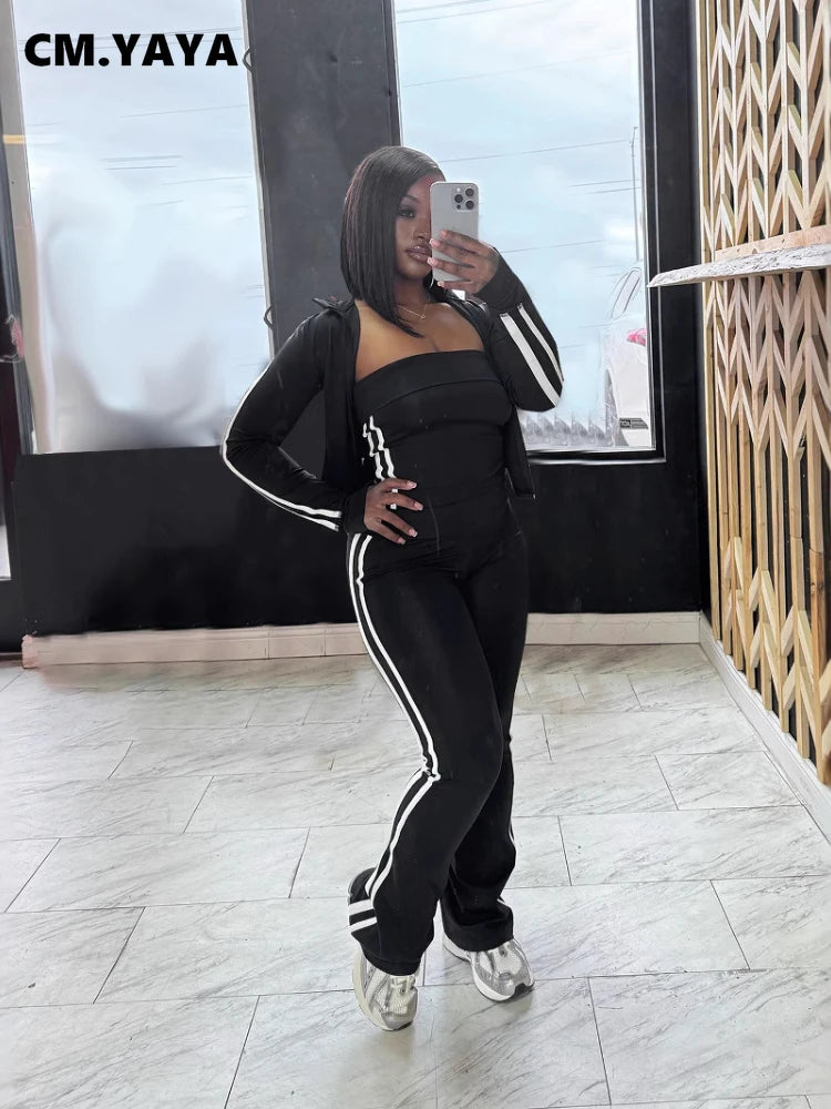 CM.YAYA Women's Set Long Sleeve Cargidan +strapless and Striped Pants Suit Three 3 Piece Set 2025 Street Active Outfit Tracksuit