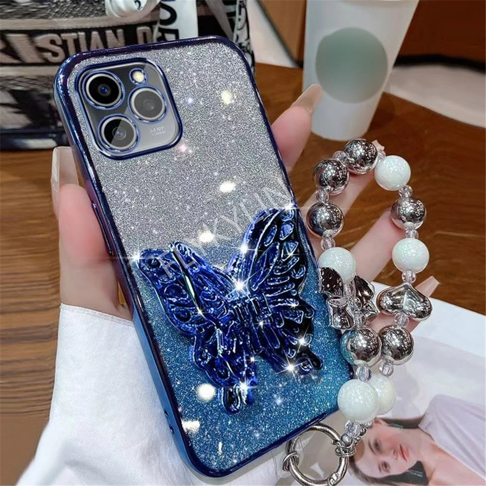 3D Butterfly Phone Holder Bead Bracelet Glitter Plating Case For iPhone 16 15 13 12 11 14 Pro Max XS Max XR 7 8 Plus Stand Cover