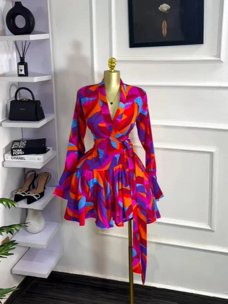 Elegant Women Tie Dye Print Flare Long Sleeve Wrap V-neck with Sashes Ruffle Dress 2026 Elegant Vacation Party Birthday Dresses