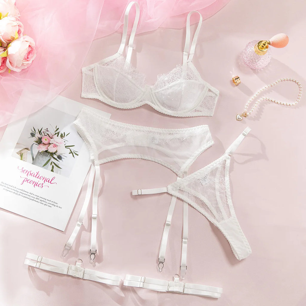 Ellolace Fancy Lingeries Sexy Hot Elegant Bra 3PC Set with Leg Circles Sissy Solid Color Intimate Eyelash Lace Patchwork Costume