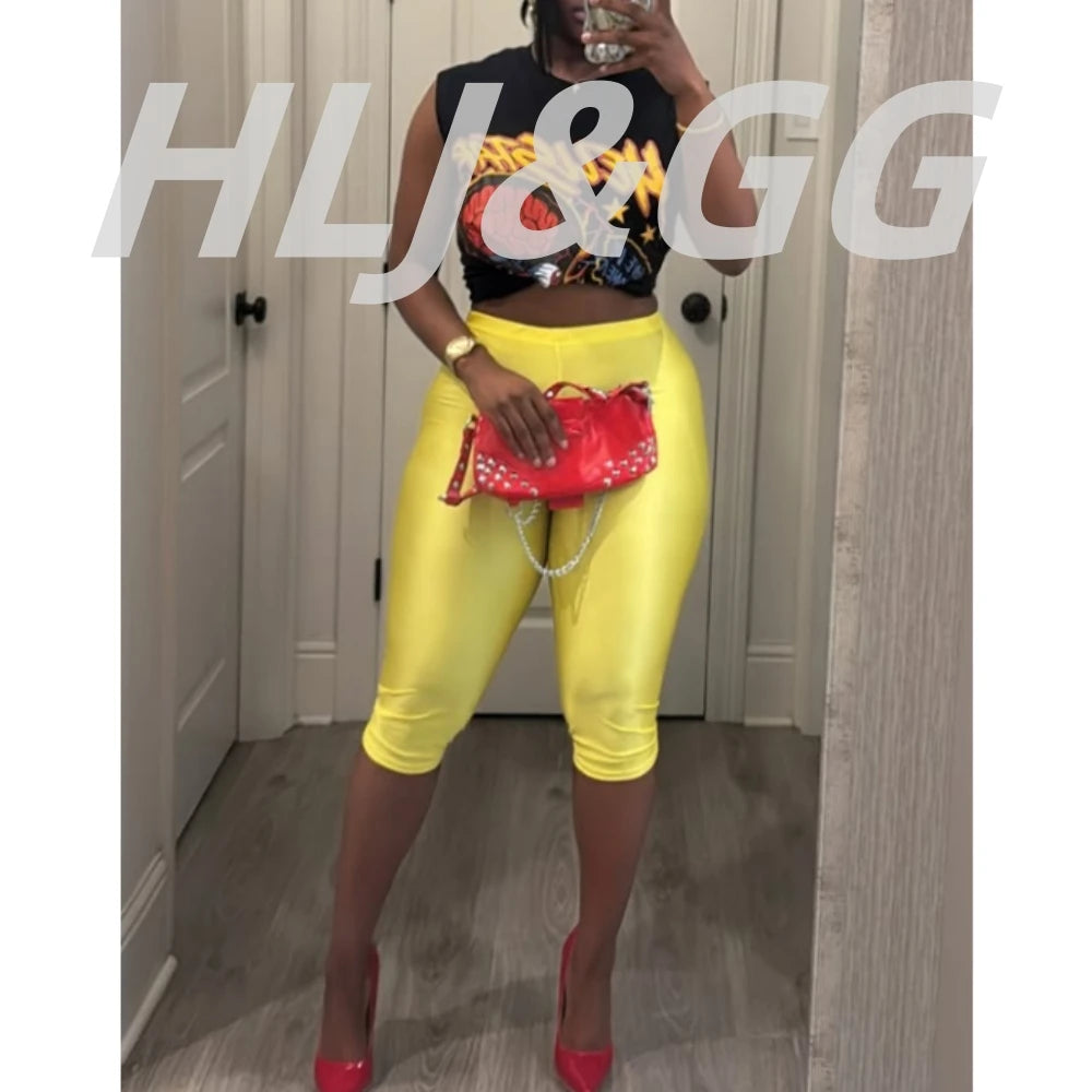 HLJ Fashion Y2K Pattern Print Two Piece Sets Women Round Neck Sleeveless Top+Skinny Shorts Outfits Trend Female 2pcs Streetwear