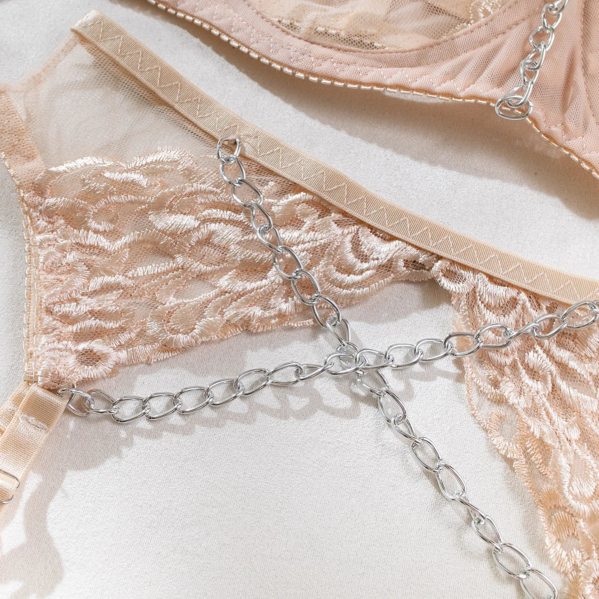 SINGREINY Embroidery Transparent Lingerie Suit Ladies Floral Shapewear Porno American Style Chain Design Sheer Erotic Underwear