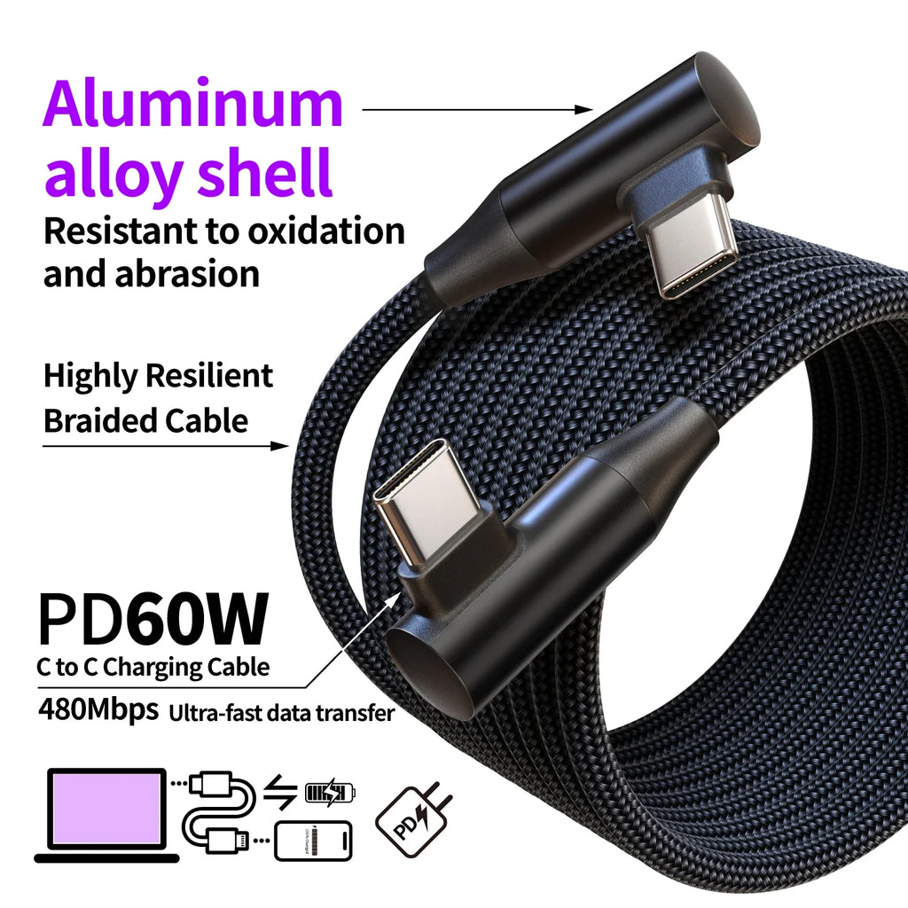 USB-C to Type-C 60W 3A Fast Charging Cable, 90° Angled Design, Nylon Braided. For Type-C phones/tablets/headphones. 25cm/50cm/1m