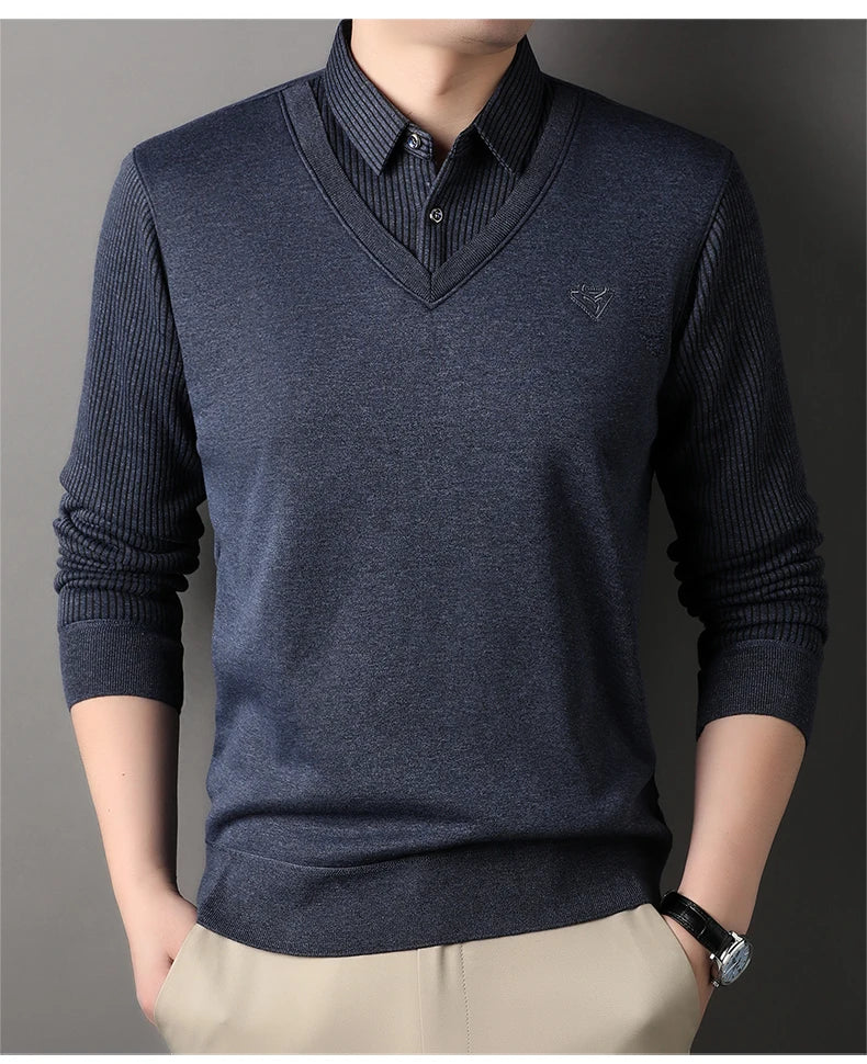 New Autumn Men's Polo Collar Shirts Fashion Knitting Pullovers Striped Thick Polo Shirts Slim Fit Korean Mens Top Clothes