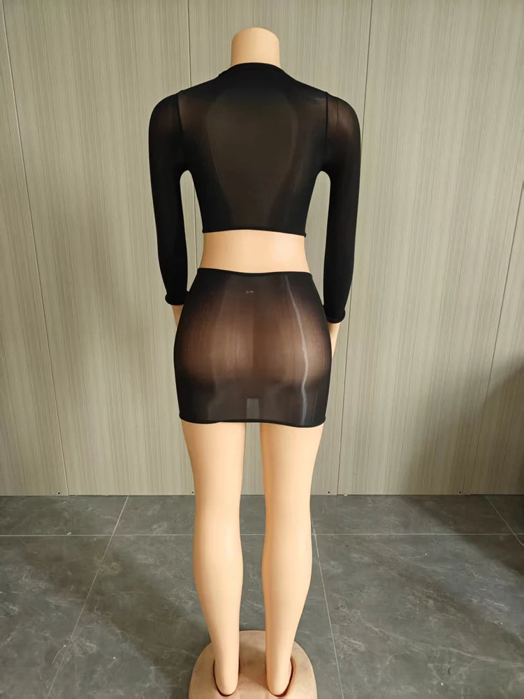 Crop Top and Skirt Set Outfits for Women Trending Spring Summer Clubwear Sexy Sheer Mesh Long Sleeve Mini Skirts Two Piece Sets