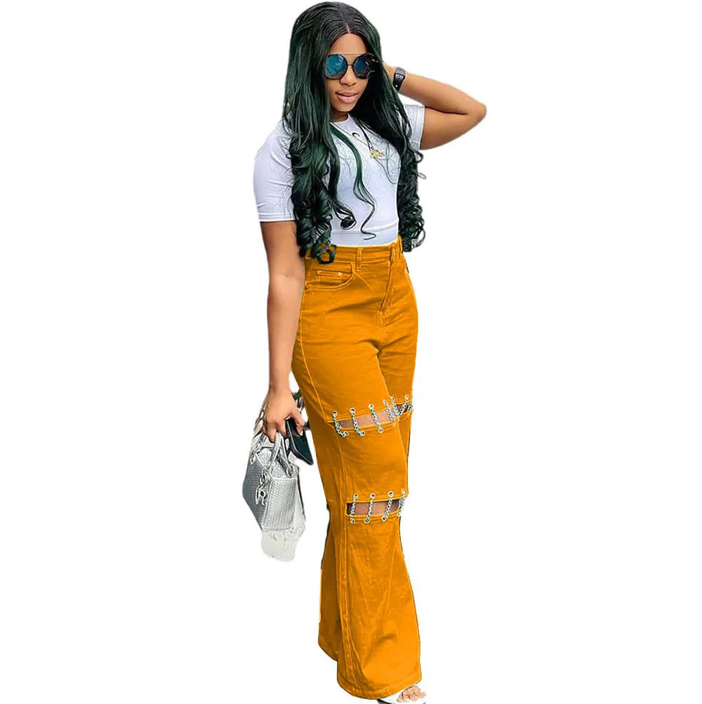 High Waist Green Ripped Chain Decoration Patchwork Wide Leg Denim Pants Women Fashion Casual Personality Trendy Long Trousers