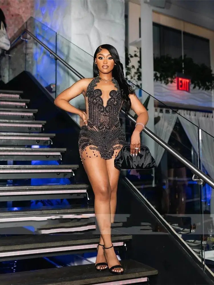 Black Beaded Sequins Deep V Short Dresses Sleeveless Bodycon Cocktail Party Dress Women Sexy Club Wear Birthday Vestidos Custom