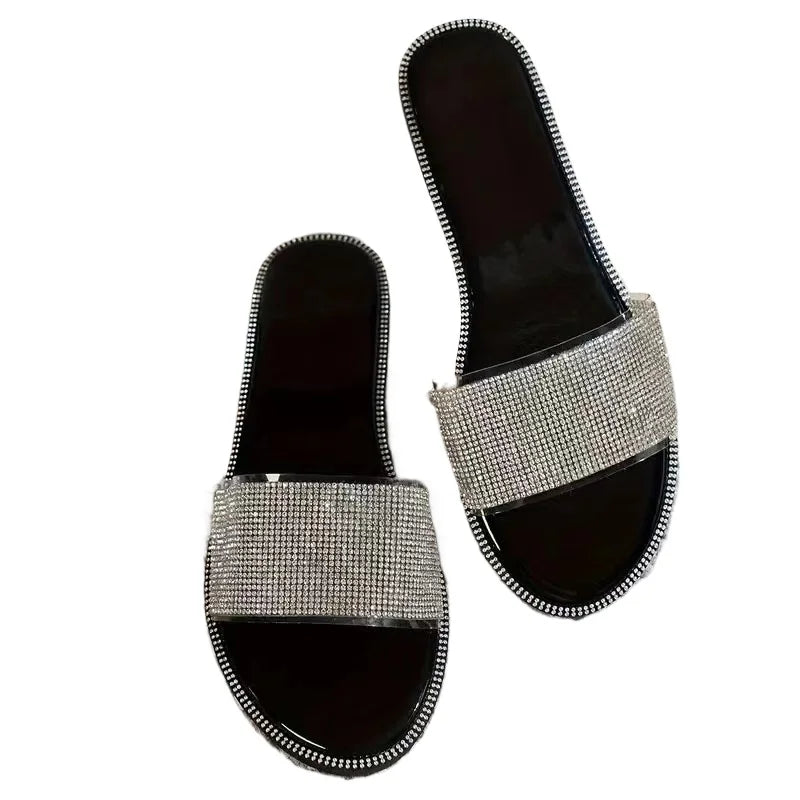 2024 New Shiny Rhinestone Fashion Ladies Slippers Outdoor Women Roman Shoes Flat Sandals Female Casual Beach Crystal Slides