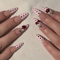 24PCS Pink French Press on Nails with Glue Black Polka Dots Sweet 3D Cherry Almond Fake Nails for Women Acrylic Simple Nail Tips