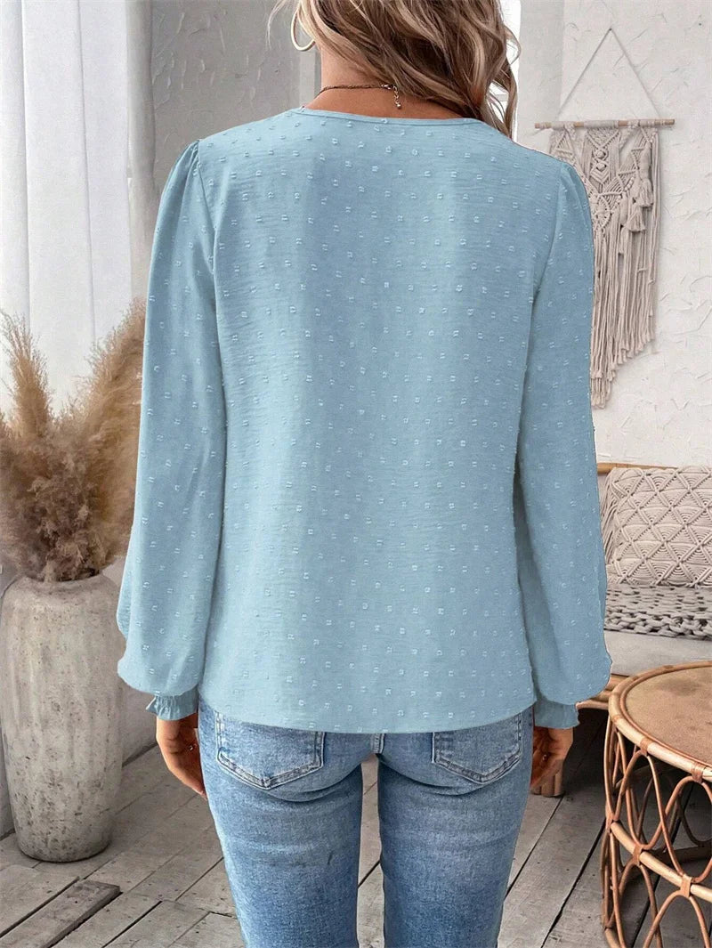 Elegant Hollow Out Lace Decoration Shirt Women Deep V Neck Pullover Blouse Female Solid Color Jacquard Lantern Long Sleeve Tops
