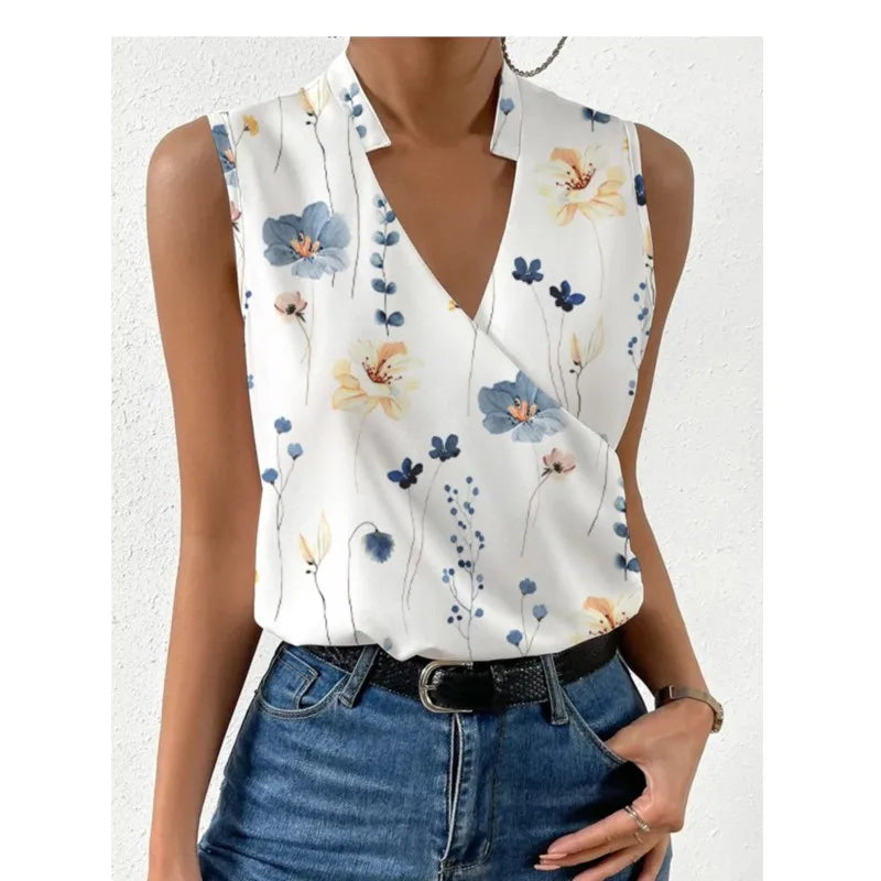 New Tees Women's 2024 Summer Slim V-neck Sexy Simple Style Printing T-shirts Sleeveless Vintage Casual Temperament Ladies Tops