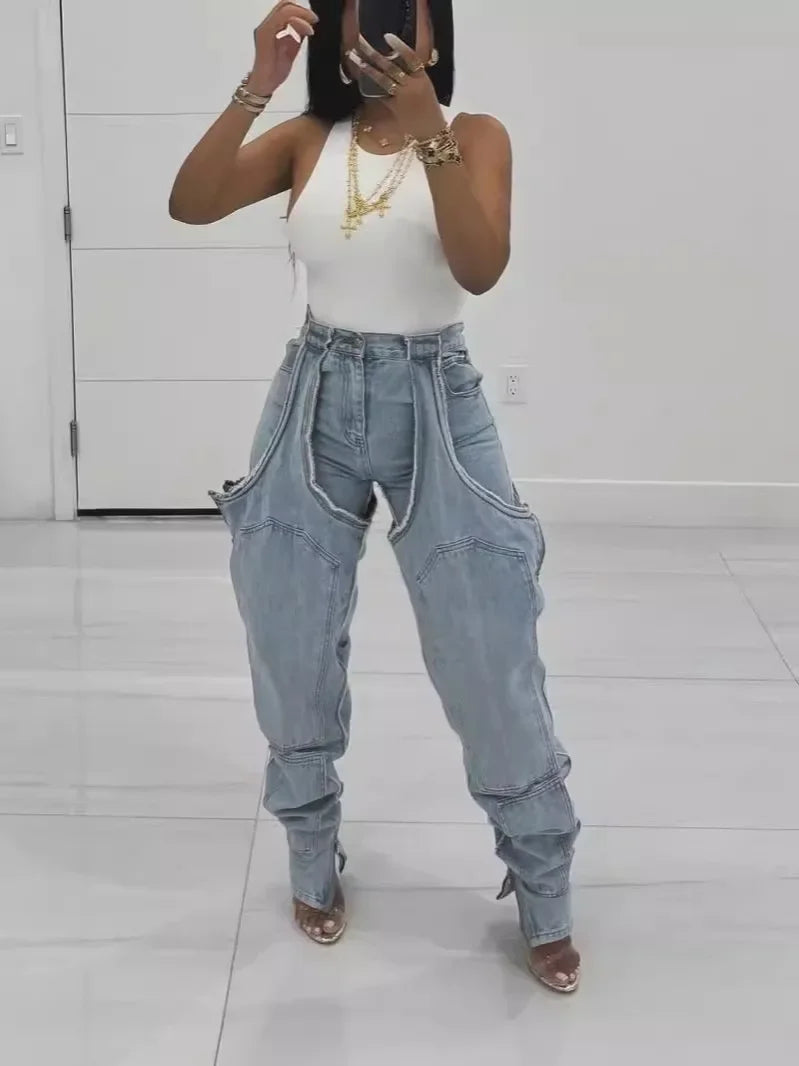 Mom Jeans Straight Pants Women Hollow Out Zipper High Strecth Pockets Irregular Denim Vintage Y2k 2025 Trousers Streetwear