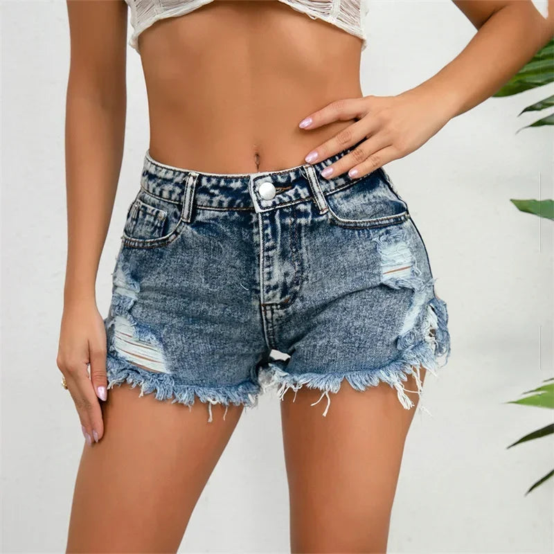 2024 Fashion Broken Holes Denim Shorts Women Tassel Decoration Trouser Leg Three Quarter Pants Sexy Casual High Waist Mini Jeans