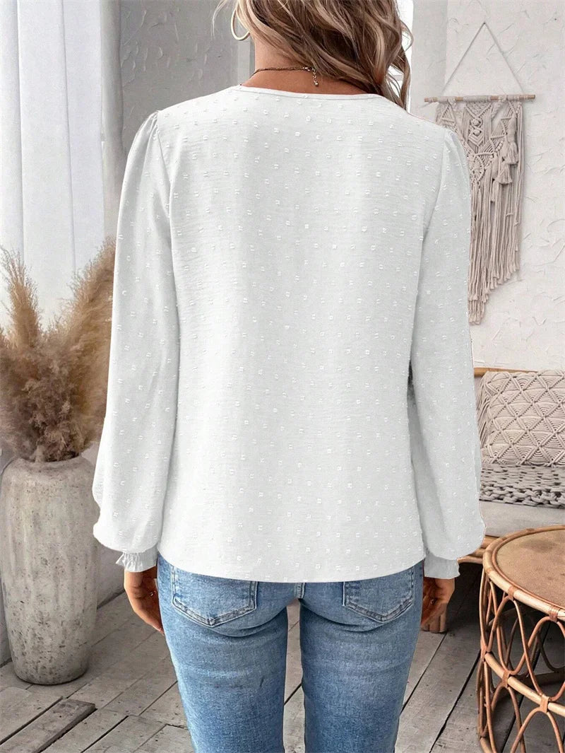 Elegant Hollow Out Lace Decoration Shirt Women Deep V Neck Pullover Blouse Female Solid Color Jacquard Lantern Long Sleeve Tops