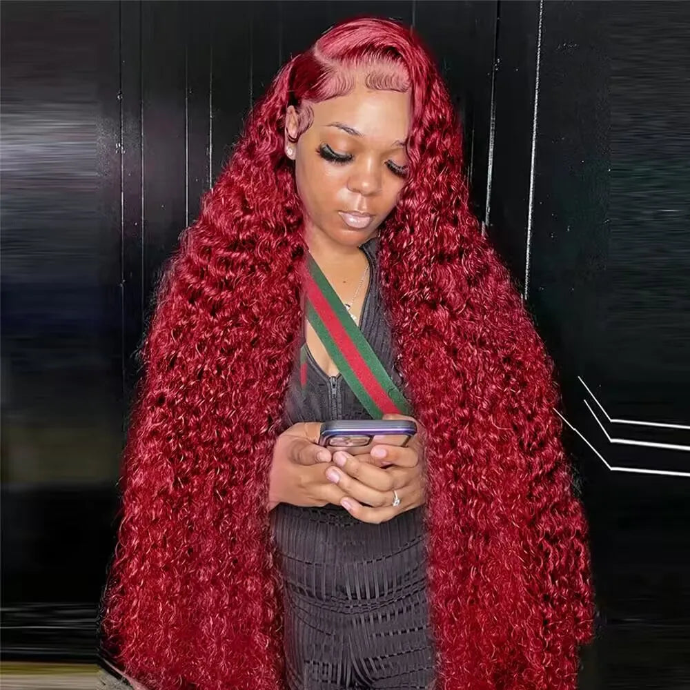 Mamushow 13x4 13x6 Deep Wave Lace Frontal Wig Transparent 99J Burgundy Curly Lace Front Wigs Red Colored HD Deep Wave Human Hair