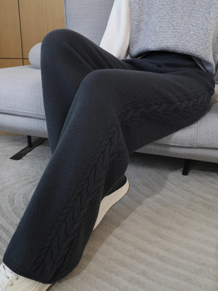 100% Merino Wool Wide Leg Pants Women's Elastic Waist Twist Flower Jacquard Trousers Autumn Winter Soft Solid Knitted Wool Pants