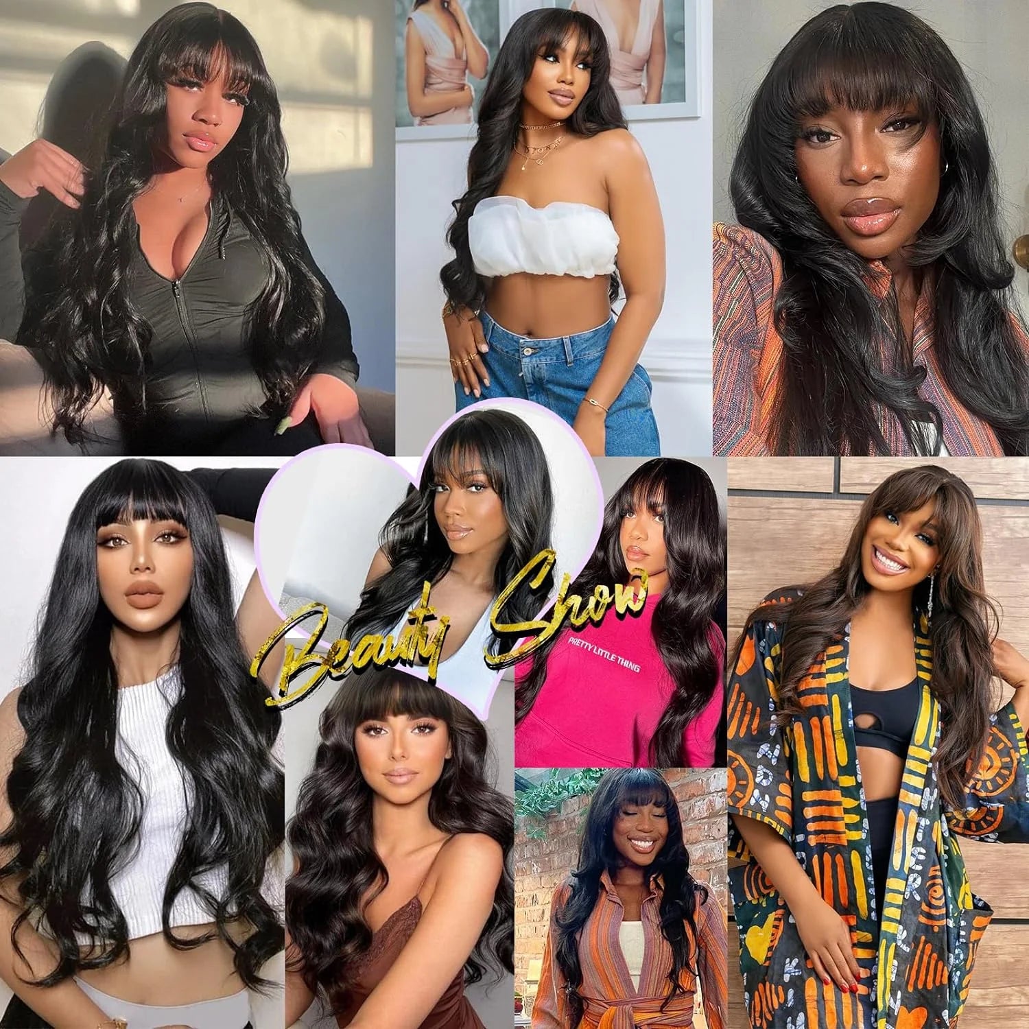 16A Glueless Body Wave Wig With Bangs Black Women's Human Hair Wig Without Glue Fully Machine Made Wig With Bangs Body Wave Wig