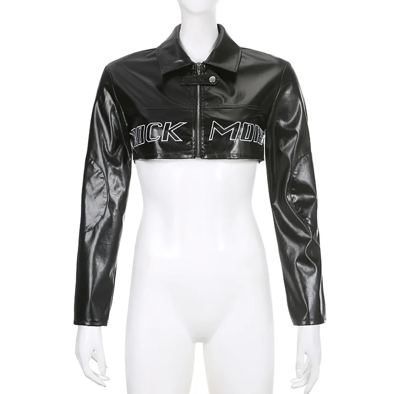 FAGADOER Y2k Punk Gothic Leather Jacket Women Cropped Lapel Letter Embroidery Moto Jackets Coat Short Female Streetwear 2025 New